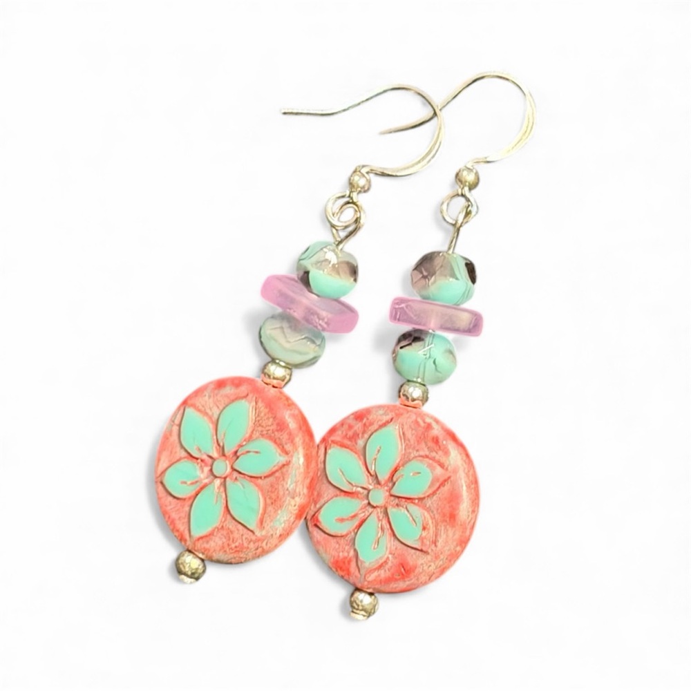 Handcrafted Floral Pink and Turquoise Czech Glass Earrings - Picture 12 of 16